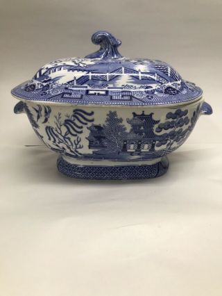 Antique Staffordshire Large Blue Willow Soup Tureen C1850 Anchor Mark