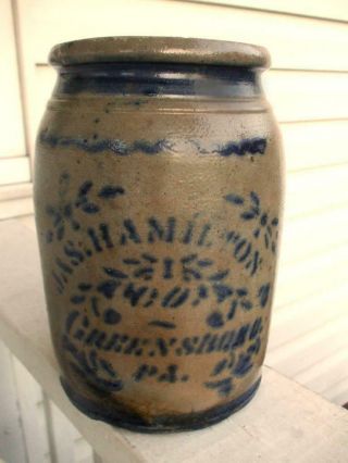 James Hamilton & Co.  Greensboro Pa 1 Gallon Blue Decorated Stoneware Crock