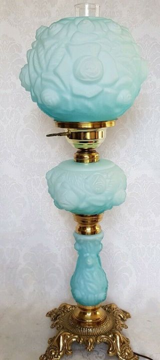Fenton Lg Wright Lamp Puffy Rose Satin Cased Glass Blue Gwtw 3 - Way Very Rare