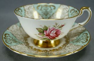 Vintage Paragon E157 Pink Rose Blue & Gold Bone China Tea Cup & Saucer