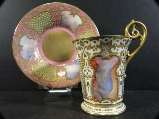 Antique Coalport Jeweled & Raised Gold Aesthetic Design Demitasse Cup & Saucer