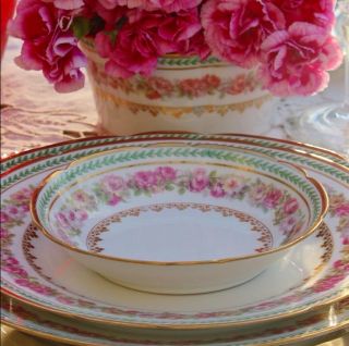 24 Pc Limoges France Dinnerware Set For 6 People Double Gold Pink
