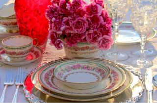 24 pc Limoges France Dinnerware set for 6 people Double Gold Pink 3