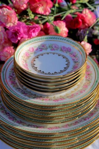 24 pc Limoges France Dinnerware set for 6 people Double Gold Pink 8