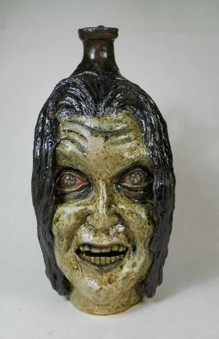 Folk Art Pottery Zombie Woman Face Jug By Vonderhey