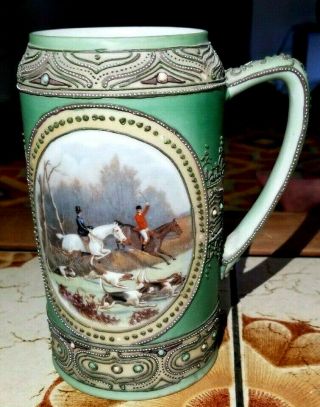 Signed Nippon Hand Painted Moriage Beer Stein W English Fox Hunting Scene 1905