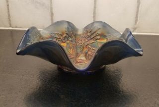 NO BEE Peacock Urn Carnival Glass Unmarked Millersburg ? Blue ruffled 6Inch Bowl 3