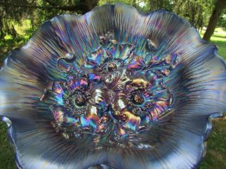 Northwood Poppy Show Antique Carnival Art Glass Ruffled Bowl Blue