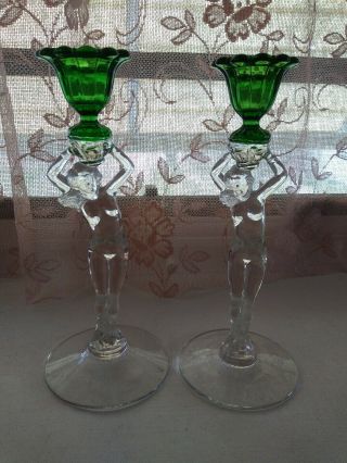 Set Of Cambridge Emerald Green Statuesque Candlesticks - Ladies