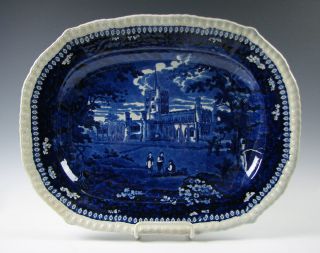 Antique Dark Blue Staffordshire Platter Panoramic Scenery By Stevenson