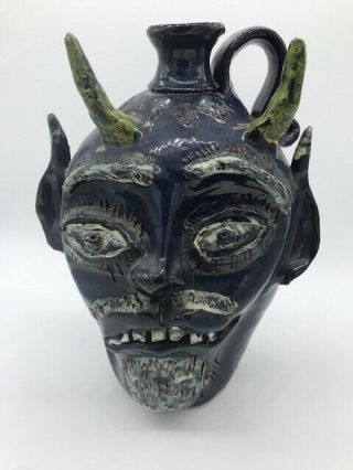 Blue Devils Face Jug Head,  H12 " Folk Art Pottery Clay Signed B Ferguson (duke?)