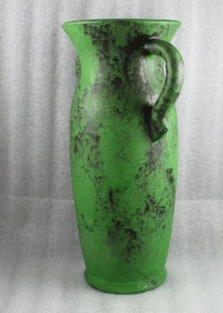 Weller Matte Green Coppertone American Art Pottery Tall Urn Handled Vase 12 1/8” 2