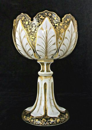 Lge Antique Bohemian Moser Glass Chalice Vase,  Fine Gilding 8 3/4 " H,  Gothic Rim