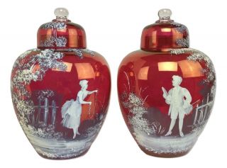 Pair Victorian Mary Gregory Cranberry Glass Hand Painted Scene Ginger Jars Vases