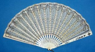 Antique Sparkly Sequinned Tulle Bovine Bone Fan With Case