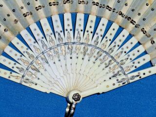 Antique Sparkly Sequinned Tulle Bovine Bone Fan with Case 2