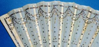 Antique Sparkly Sequinned Tulle Bovine Bone Fan with Case 4