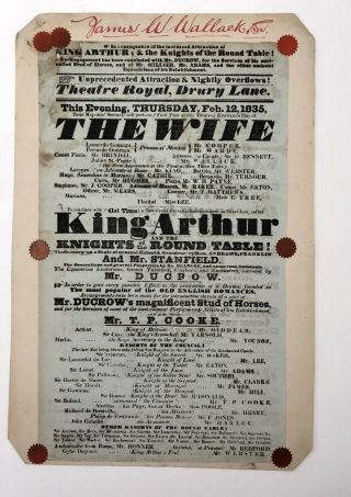 1835 Theater Play Broadside Poster The Wife King Arthur Ellen Tree Kean