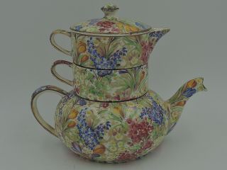 Vintage Royal Winton Chintz Crocus Stacked Teapot Stacking Tea For One 3