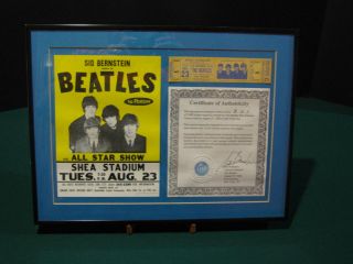 Beatles 1966 Shea Stadium Concert Full Ticket With Sid Bernstein Framed