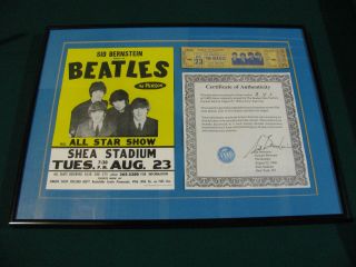 Beatles 1966 Shea Stadium Concert Full Ticket with Sid Bernstein Framed 4