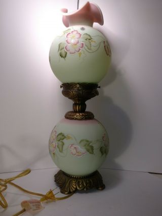 Vintage Fenton Burmese/satin finish floral dual Lamp Hand Painted Signed C.  Smith 5