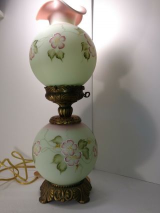 Vintage Fenton Burmese/satin finish floral dual Lamp Hand Painted Signed C.  Smith 7