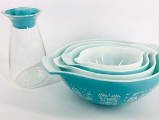 Vintage Pyrex Amish Butterprint Cinderella Mixing Bowl Set Turquoise Rare Vtg