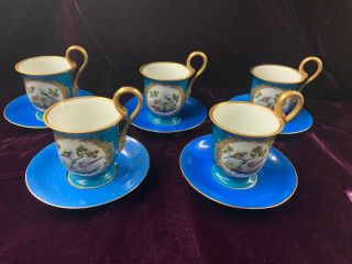Set 5 Herend Cups & Saucers With Bird Of Paradise