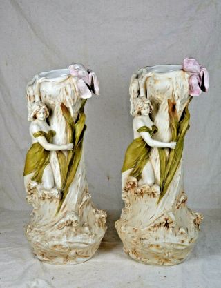 Pair Art Nouveau Royal Dux Bohemia Hampel Porcelain Figurine Woman 17 " Vase 
