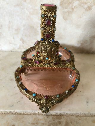 Moser Etched Glass Gilt Brass Mounts Heavily Jeweled Tray Austria Jewelry Box