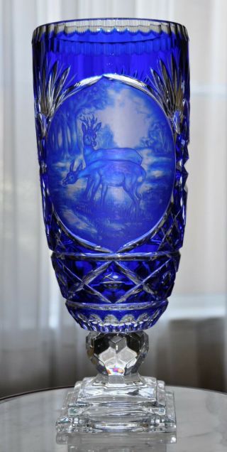 German Stag Deer Scenic Cobalt Blue Cut To Clear Crystal Vase Huge 15 3/4 "