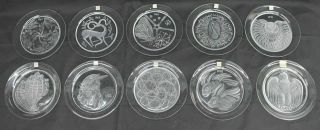 Lalique Vintage Glass Crystal Annual Collector Plates 1967 - 1976 Set Of 10x