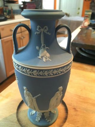 Wedgwood Jasperware Rare Pale Blue 8 " Urn Vase Trophy Handles Pre - 1890