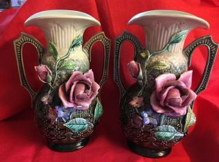 Antique Matching Large Pair Barbotine Majolica Mantle Vases Double Handle Marked