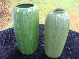 Arts and Clay Jemerick Pottery Matte Green Yellow Bud Arts & Crafts Vase 13.  5 in 10