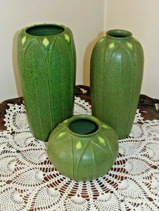 Arts and Clay Jemerick Pottery Matte Green Yellow Bud Arts & Crafts Vase 13.  5 in 12