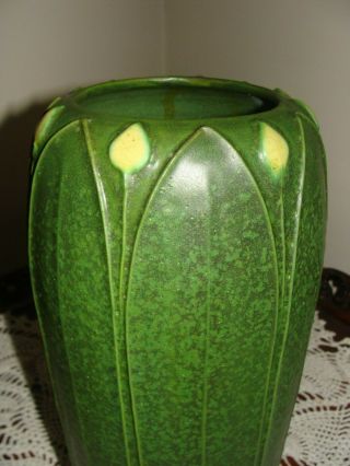 Arts and Clay Jemerick Pottery Matte Green Yellow Bud Arts & Crafts Vase 13.  5 in 9