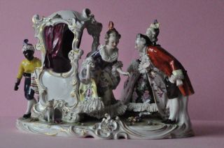Great Porcelain Volkstedt Dresden Lace Figurine Germany Carriage Figural Group