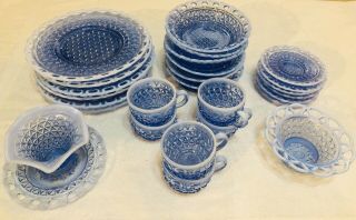27 Piece Opalescent Blue Laced Edge Katy Glass Cups/saucers/plates/bowls/fruit