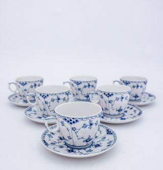 6 Large Teacups & Saucers 703 - Blue Fluted Royal Copenhagen - Half Lace
