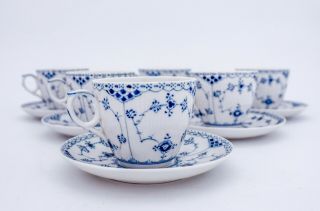 6 Large Teacups & Saucers 703 - Blue Fluted Royal Copenhagen - Half Lace 2