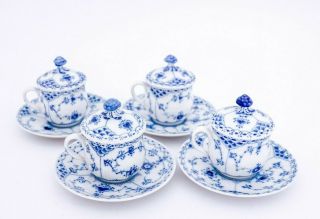 4 Cremecups & Saucers 743 - Blue Fluted Royal Copenhagen - 1:st Quality