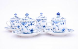 4 Cremecups & Saucers 743 - Blue Fluted Royal Copenhagen - 1:st Quality 3