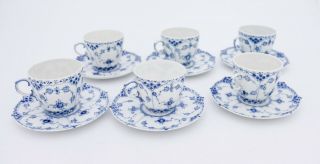 6 Cups & Saucers 1035 - Blue Fluted Royal Copenhagen Full Lace - 1:st Quality