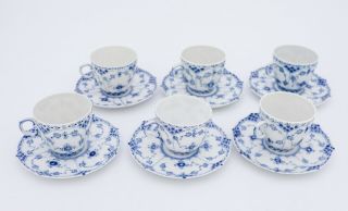 6 Cups & Saucers 1035 - Blue Fluted Royal Copenhagen Full Lace - 1:st Quality 2