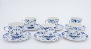 6 Cups & Saucers 1035 - Blue Fluted Royal Copenhagen Full Lace - 1:st Quality 3