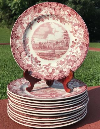 Set Of 11 (12) Harvard Tercentenary Wedgwood Red Transferware Dinner Plates