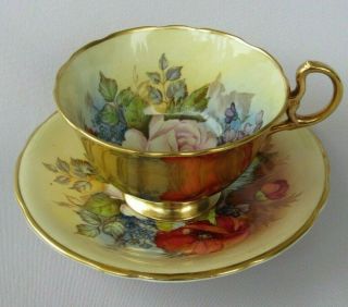Aynsley Signed J.  A Bailey China Tea Cup & Saucer Cabbage Rose & Flowers 3