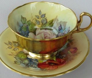 Aynsley Signed J.  A Bailey China Tea Cup & Saucer Cabbage Rose & Flowers 4